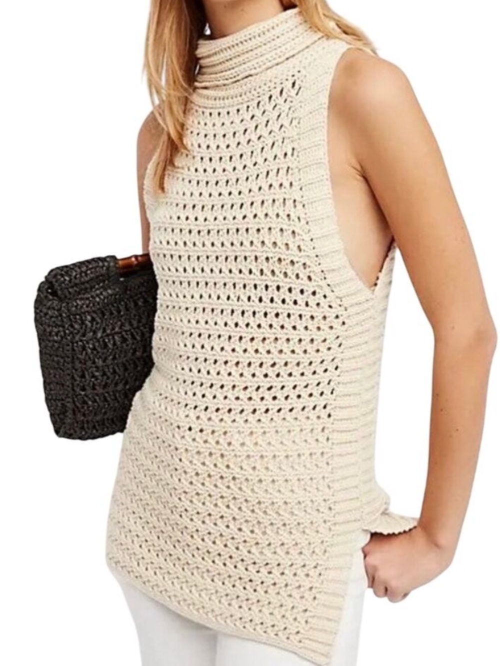 Free People Cream Crochet Sleeveless Mock-Neck Tank